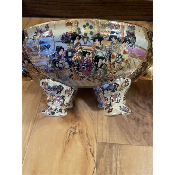 VTG Satsuma Hand Painted Decorated Moriage & Gilt Geishas Covered Footed Dish - Picture 8 of 16
